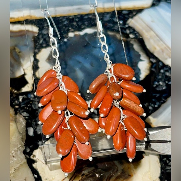 Convoluted Red Jasper Crystal Earrings 2 7/8” - Picture 5 of 15